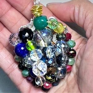 Handmade Multicolor Glass Beaded Wire-Wrapped Pendant Necklace Collage Cluster